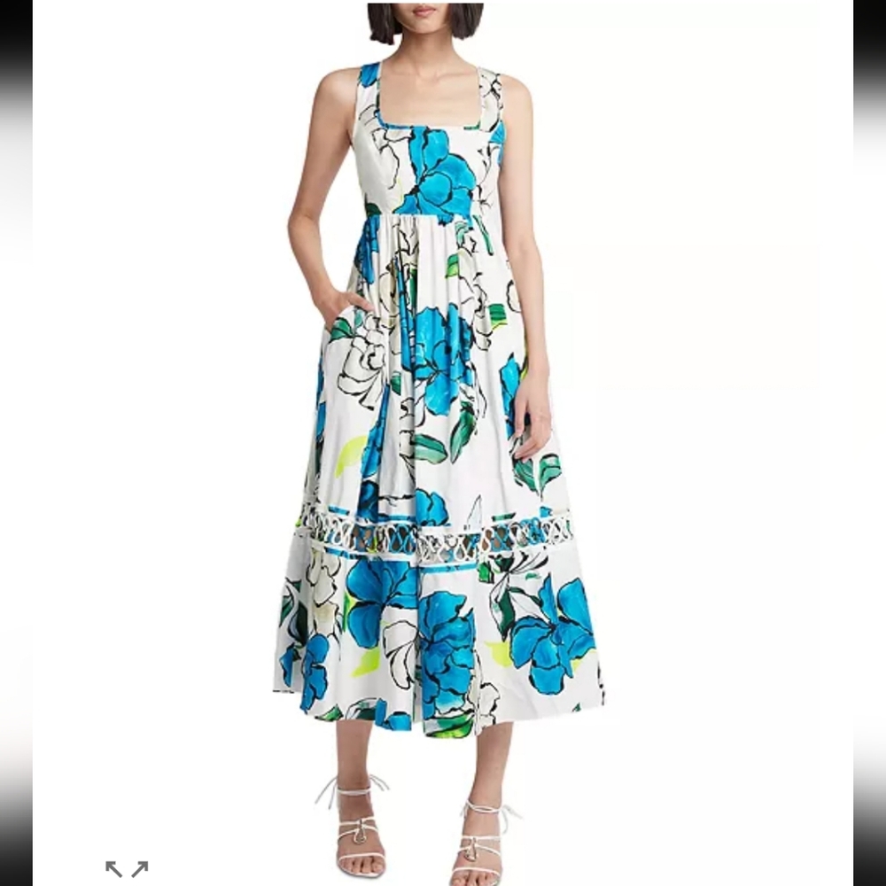 New!Burryco White/Blue Erika Floral Midi Y2K Capsule Dress Cottagecore Chic